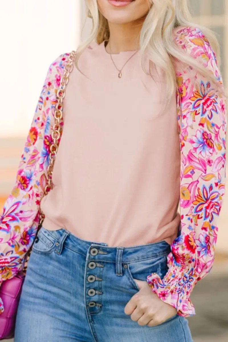 Printed Round Neck Flounce Sleeve Sweater - Love Salve